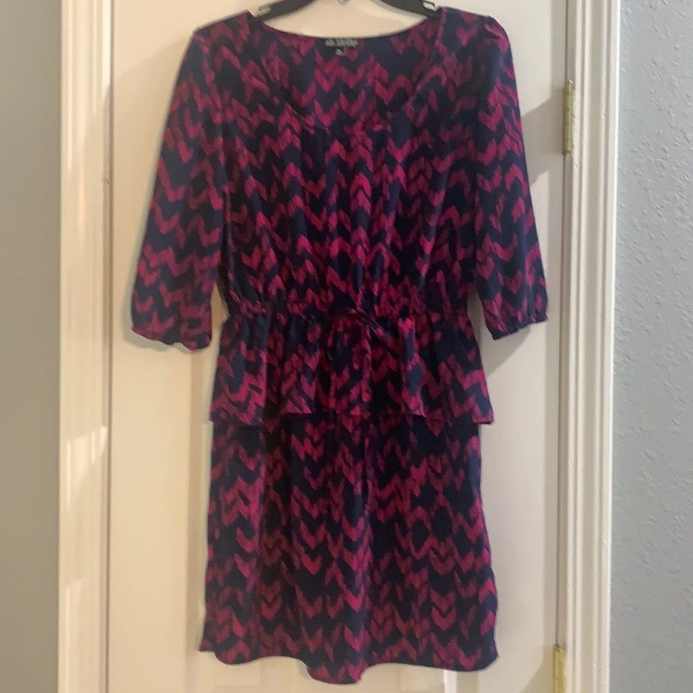 Vintage 90's Y2K Hot Pink & Navy Blue Dress Ruffle Size Medium 3/4‎ Sleeves